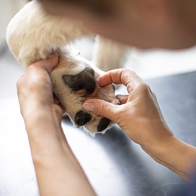 En person som berører en hunds nese.