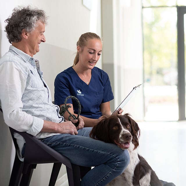 En person og person som sitter på en stol med en hund.