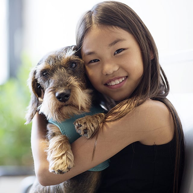 Et barn som klemmer en hund.