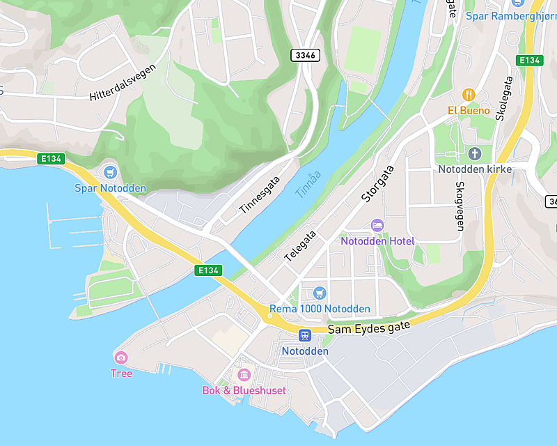 Et kart som viser beliggenheten til AniCura Dyreklinikken Notodden