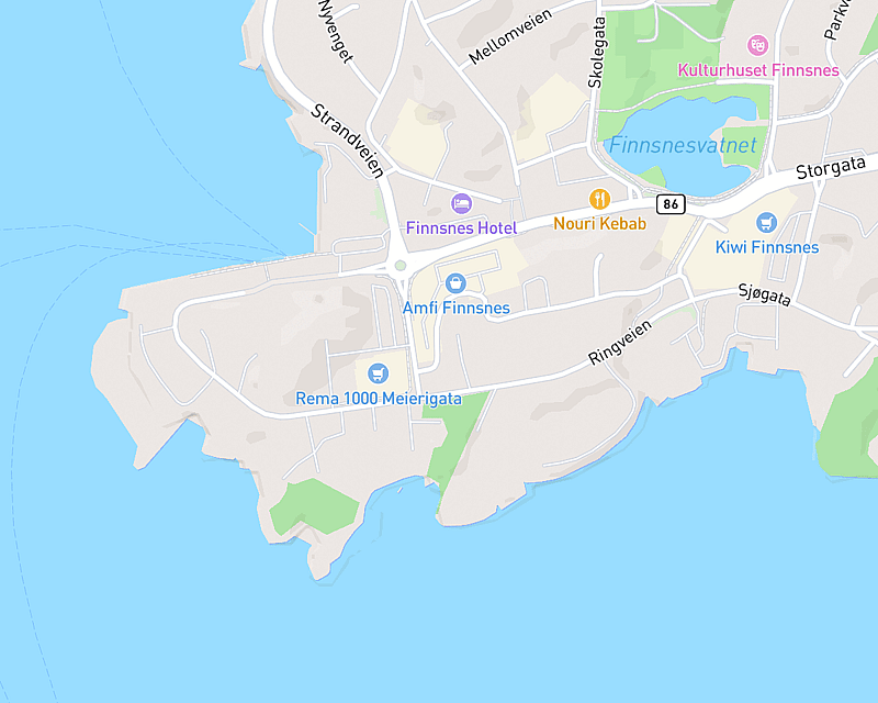 Et kart som viser beliggenheten til AniCura Finnsnes