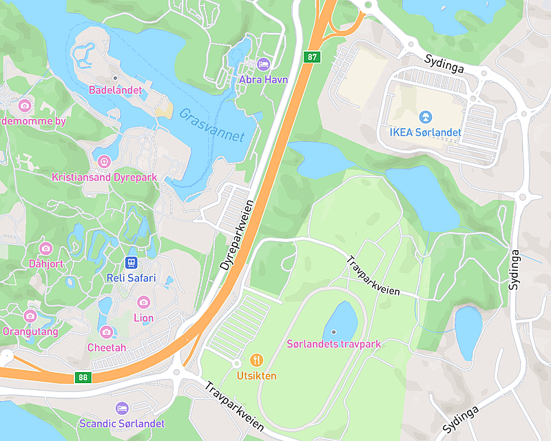 Et kart som viser beliggenheten til AniCura Dyresykehus Sørlandet