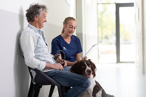 En person og person som sitter på en stol med en hund.