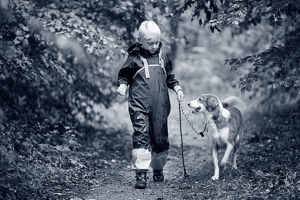 Et barn som går tur med en hund i bånd.