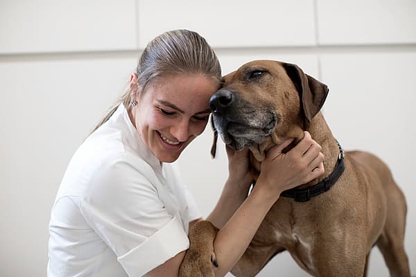 En person som holder en hund.