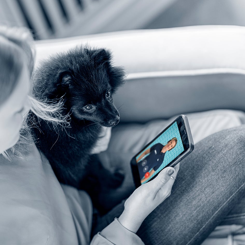 En person som sitter på en sofa med en hund og et nettbrett.
